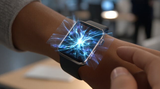 Holographic AI interface projected from a smartwatch Automation of generation and training of artificial intelligence technology machines, AI. - Powered by Adobe