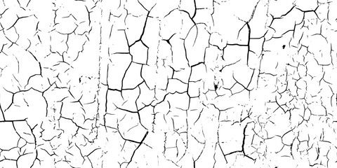 Black crackle texture as a seamless overlay pattern on white bg. Crackled cake glaze. Realistic kintsugi art bg. Old, dried, dirt or ground surface. Vector illustration.
