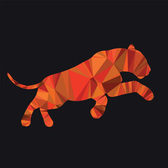 Abstract geometric design of a majestic tiger leaping with vibrant orange and red polygonal facets, creating a dynamic visual concept