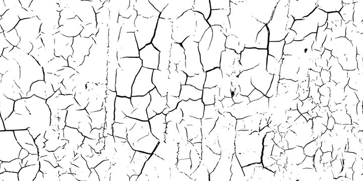 Black crackle texture as a seamless overlay pattern on white bg. Crackled cake glaze. Realistic kintsugi art bg. Old, dried, dirt or ground surface. Vector illustration.