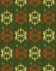 Seamless pattern with ethnic elements, reminiscent of ancient Russian painting, on a dark green background for printing on clothes, textiles, websites, presentations.