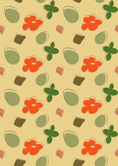 Stylized flowers, petals on a light yellow background form a seamless pattern for postcards, presentations, fabrics.