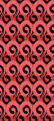 Large swirls in coral and pink tones on a dark background in a seamless Art Deco pattern.