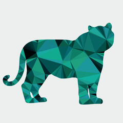 Abstract polygonal tiger silhouette in vibrant emerald and teal hues, a modern vector graphic wildlife illustration
