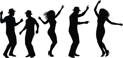 Silhouette dancers performing energetic moves, stylish men and women in hats and heels, group dance celebration, music party rhythm, nightlife entertainment performance illustration
