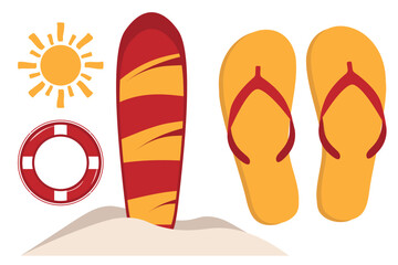 Active beach set with surf board in sand flip flops sun and lifebuoy for surf schools and safety posters