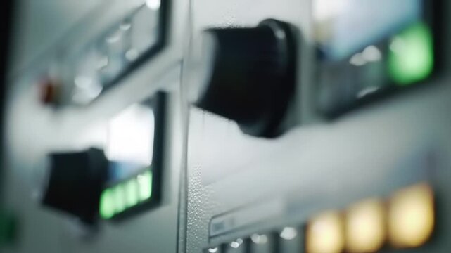 Detailed close-up of an operator adjusting the knobs on a professional media broadcast control panel with glowing lights
