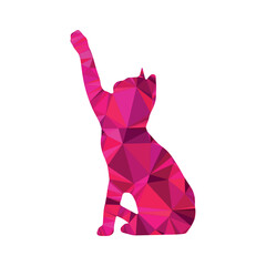 Vibrant geometric polygonal cat silhouette illustration reaching up in vivid pink tones, a modern artistic animal design