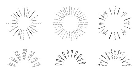 Radial firework burst line set confetti and lines hand drawn doodle. Sunbeam, party decoration, comic minimal spark. Explosion with Radial stripes