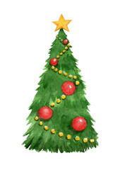 Watercolor Christmas and New Year's fir tree with golden topper star, garlands and decoration isolated on white background for holiday greeting cards, invitations, gift wrap, posters, decor, art print