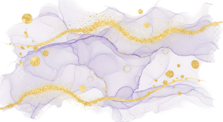 Abstract watercolor painting with light purple hues and golden glitter accents across its surface