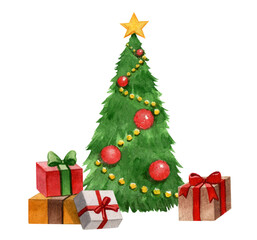 Watercolor illustration of a Christmas tree with star, garlands, lights and presents for holiday greeting cards and Invitations, gift wrap, posters, decor, art prints, and festive crafts.