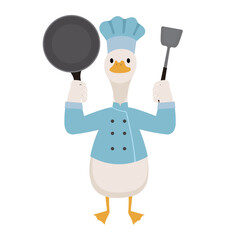 Duck Chef Holding Frying Pan and Spatula, Ready for Cooking Action and Tools Illustration