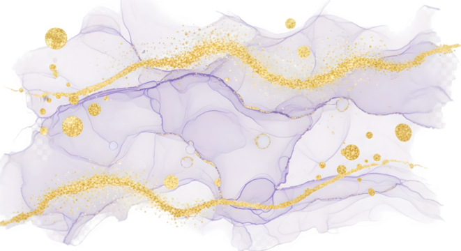 Abstract watercolor painting with light purple hues and golden glitter accents across its surface