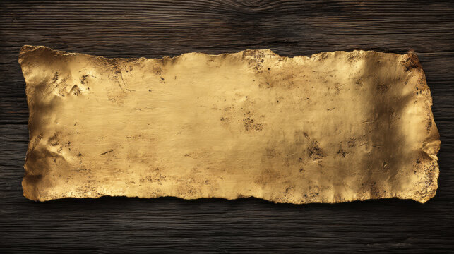 Aged Brass, A single, realistic strip of aged, tarnished brass with a rough, torn edge, showing dark spots and a dull, matte finish, isolated on a seamless dark wood background, soft shadow. 