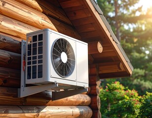 Air conditioning unit mounted on the exterior wall of a wooden log cabin in sunlight