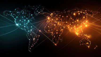 Digital world map overlaid with AI data points and connectivity lines. Automation of generation and training of artificial intelligence technology machines, AI.