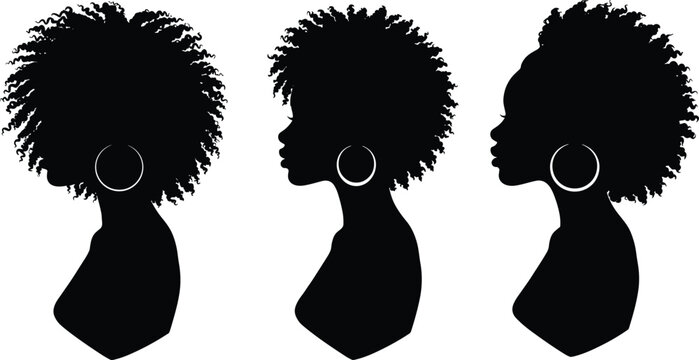 Black woman silhouette profile with afro hairstyle, natural curly hair beauty, hoop earrings fashion, cultural identity, hairstyle diversity, elegant feminine portrait, modern style illustration