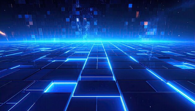 Futuristic digital grid with glowing blue lines and abstract network elements.