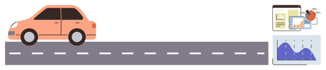 Compact car driving on a road with dashboard graphs and analytics, symbolizing data-driven progress. Ideal for transportation, technology, business growth, analysis, automation, efficiency