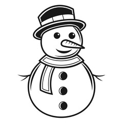 Friendly snowman wearing a hat and scarf with buttons, cartoon style