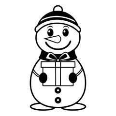 Cute snowman holding a gift box with a smile and wearing a hat