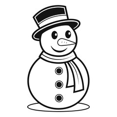 Smiling snowman with hat and scarf, line art illustration