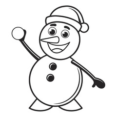 Cartoon snowman waving with a snowball in hand, winter fun and holiday joy
