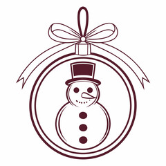 Christmas snowman ornament with ribbon and bow, simple line art design