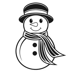 Smiling snowman with hat and scarf, black and white illustration