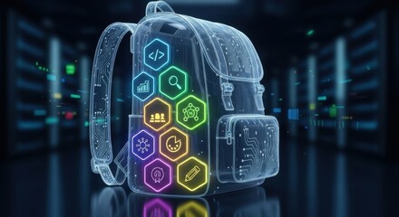 Digital backpack with glowing icons representing data, analytics, teamwork, and coding in a server room