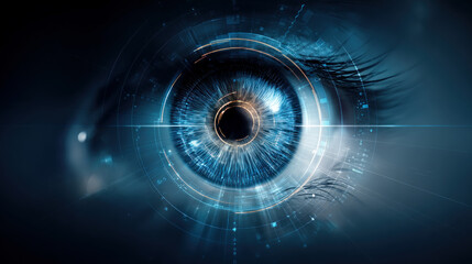 Blue futuristic eye in modern technologies. Automation of generation and training of artificial intelligence technology machines, AI.