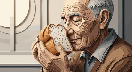 Elderly man enjoying the aroma of freshly baked bread with eyes closed in appreciation