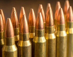 Ammunition array Rows of bullets with brass casings and copper points, focused close-up