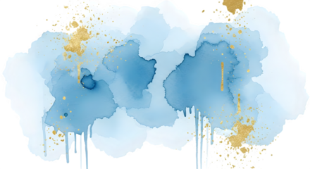 Abstract watercolor painting of blue and white with gold accents on a transparent background