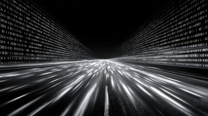 Digital road with binary code streaming into the distance at high speed during nighttime