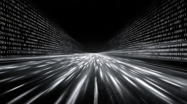 Digital road with binary code streaming into the distance at high speed during nighttime