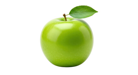 Shiny green apple with a leaf isolated on transparent background, a healthy snack