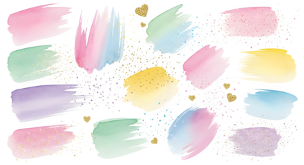 Watercolor pastel brush strokes with glitter and gold hearts on a black background design element