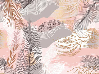 Abstract pattern with flowing lines and organic shapes in soft pink, beige, and gray tones, featuring delicate feather like elements and textured details, creating serene and elegant design