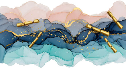 Abstract colorful fluid art with gold accents and floating golden cracker decorations on black background