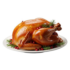 Golden roasted Thanksgiving turkey on a platter with cranberries and rosemary, perfect for holiday menus, festive advertisements, and recipe features, isolated on white & transparent background.