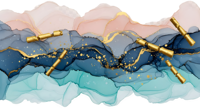 Abstract colorful fluid art with gold accents and floating golden cracker decorations on black background