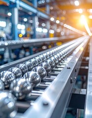 Fototapeta premium Modern factory assembly line featuring rows of metallic spheres on a conveyor belt.