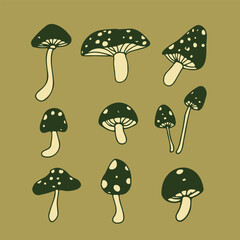 Diverse collection of whimsical spotted mushroom illustrations, perfect for natural, earthy graphic designs