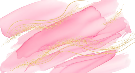 Abstract pink watercolor brush strokes with golden glitter lines on transparent background design