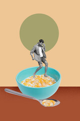 Vertical zine pop trend collage of happy girl guy walk cereal bowl milk bottle granola breakfast...