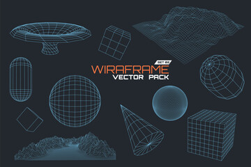 Vector Wireframe Graphics Pack with Various 3D Geometric Shapes and Terrains