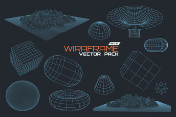 Vector Wireframe Graphics Pack with Various 3D Geometric Shapes and Terrains