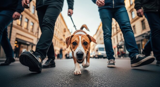 Walking dog in urban street setting, with pedestrians is ideal for pet related projects. Walking dog through city center, people and pet friendly setting, creates feeling of freedom.